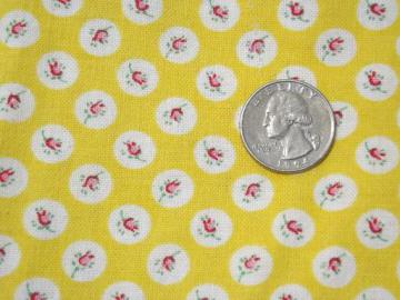 catalog photo of vintage cotton feedsack fabric, white dots of pink rosebuds on yellow