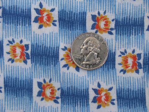 photo of vintage cotton feedsack fabric, yellow roses on blue & white squares #1