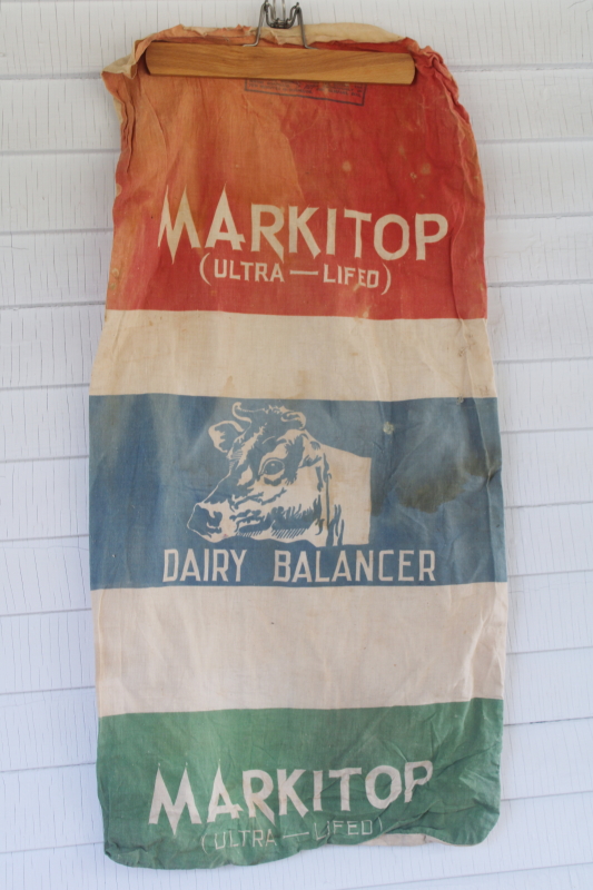 photo of vintage cotton feedsack, old farm dairy feed bag w/ Jersey cow print advertising graphics  #1