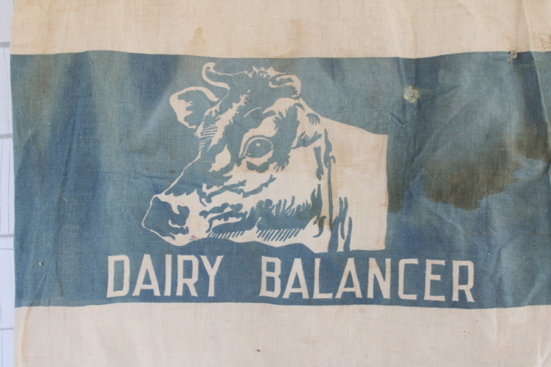 photo of vintage cotton feedsack, old farm dairy feed bag w/ Jersey cow print advertising graphics  #4