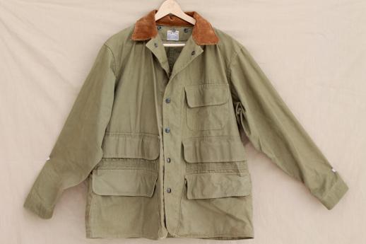 photo of vintage cotton field coat, 40s 50s Hinson label hunting / fishing jacket w/ game pocket #1