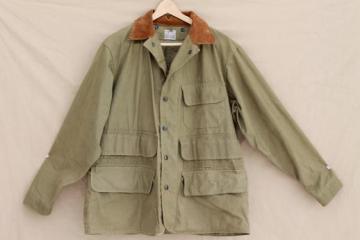 catalog photo of vintage cotton field coat, 40s 50s Hinson label hunting / fishing jacket w/ game pocket