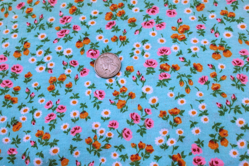 photo of vintage cotton flannel fabric, ditsy print daisies roses cottage floral on aqua blue #1