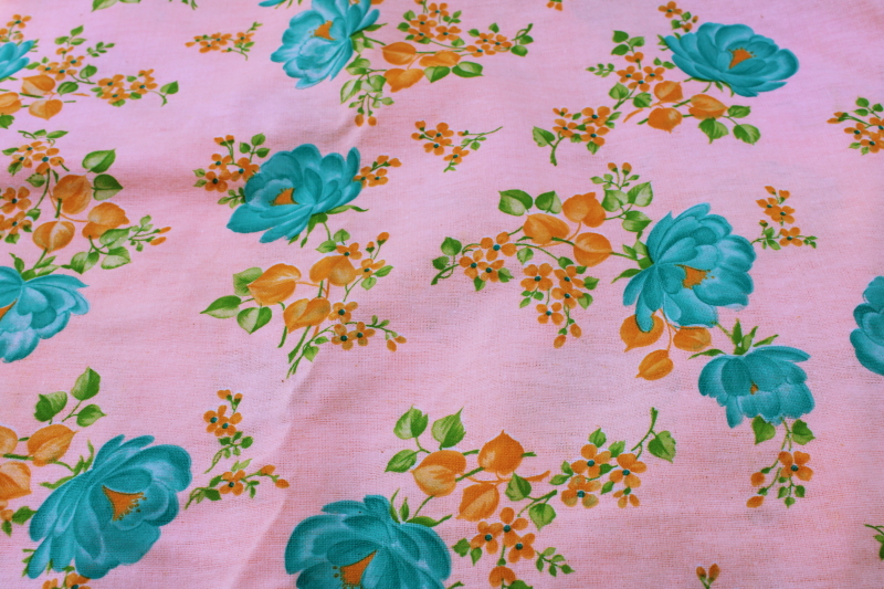 photo of vintage cotton flannel fabric, granny chic cottagecore floral print aqua on blush pink #1