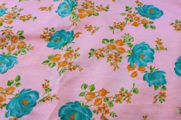 catalog photo of vintage cotton flannel fabric, granny chic cottagecore floral print aqua on blush pink