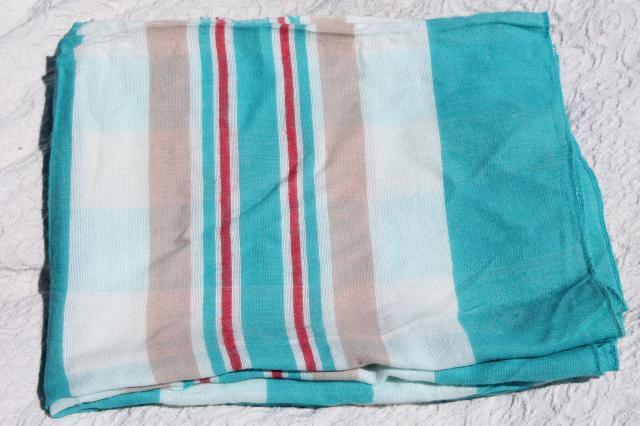 photo of vintage cotton flannel sheet blanket, summer weight camp blanket aqua blue & red stripes #1