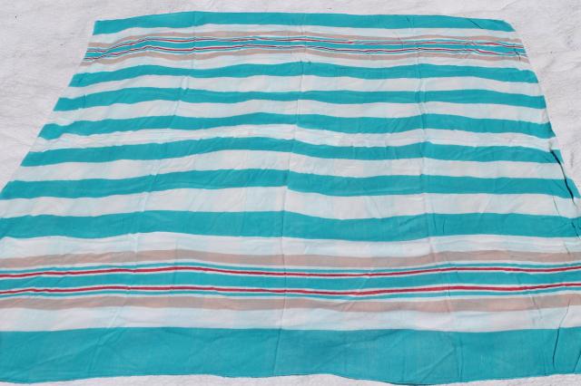 photo of vintage cotton flannel sheet blanket, summer weight camp blanket aqua blue & red stripes #3