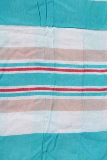 photo of vintage cotton flannel sheet blanket, summer weight camp blanket aqua blue & red stripes #4