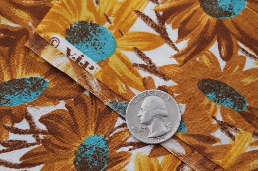 photo of vintage cotton floral fabric, daisy print with yellow gold & turquoise flowers #2