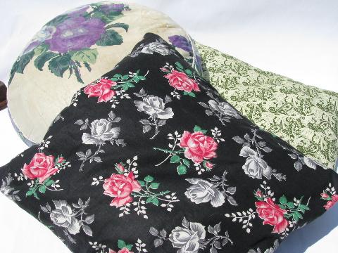 photo of vintage cotton floral print throw pillows lot, roses on black etc. #1