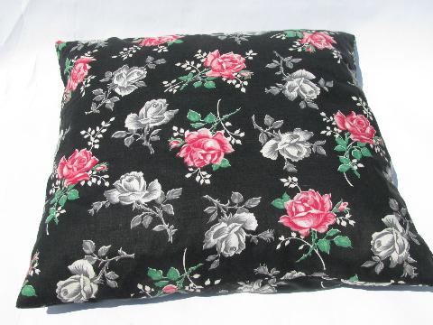 photo of vintage cotton floral print throw pillows lot, roses on black etc. #4