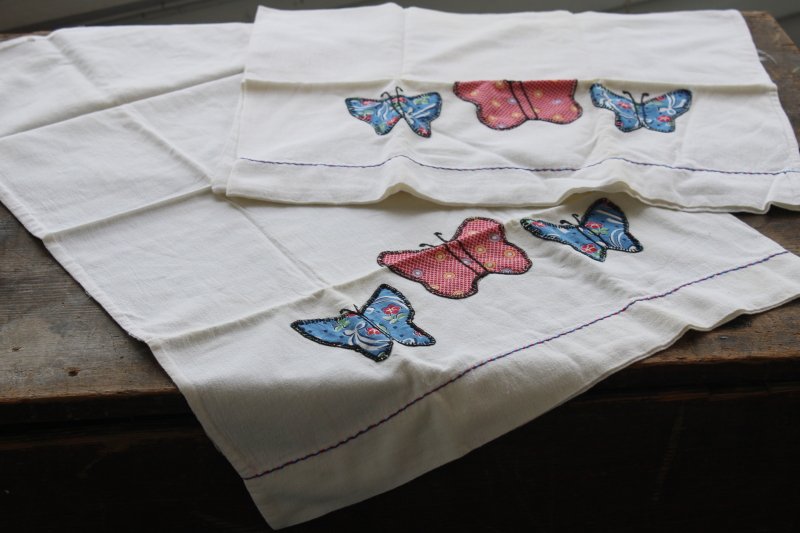 photo of vintage cotton flour sack pillowcases w/ hand stitched embroidered applique butterflies #1