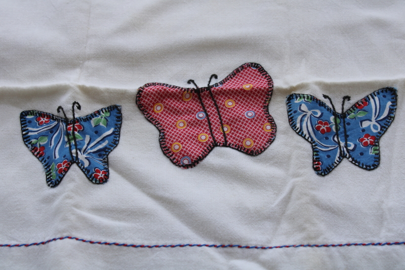 photo of vintage cotton flour sack pillowcases w/ hand stitched embroidered applique butterflies #2