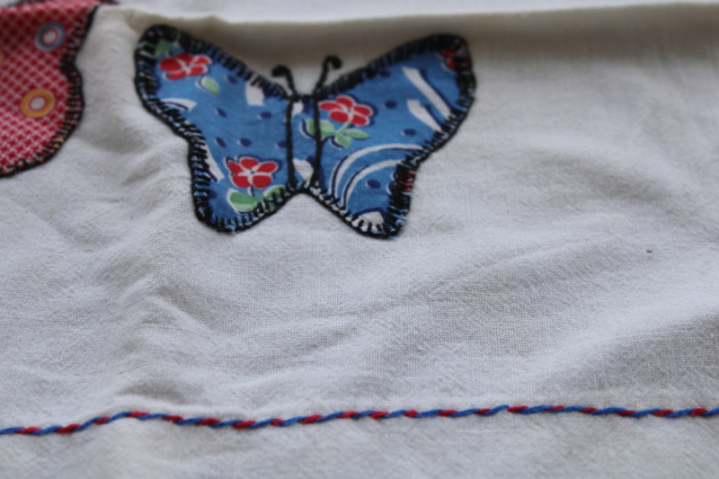 photo of vintage cotton flour sack pillowcases w/ hand stitched embroidered applique butterflies #3