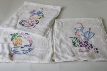 catalog photo of vintage cotton flour sack towels, china, silver, glass drying dish towels w/ embroidery