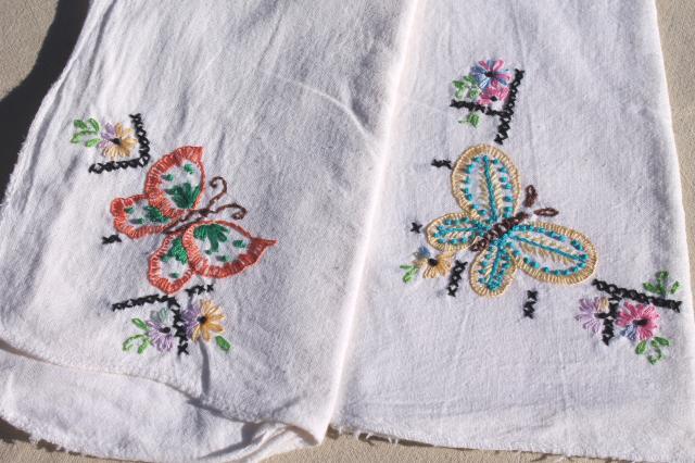 photo of vintage cotton flour sack towels w/ embroidered butterflies, hand stitched embroidery #4