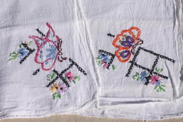 photo of vintage cotton flour sack towels w/ embroidered butterflies, hand stitched embroidery #6