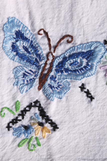 photo of vintage cotton flour sack towels w/ embroidered butterflies, hand stitched embroidery #7