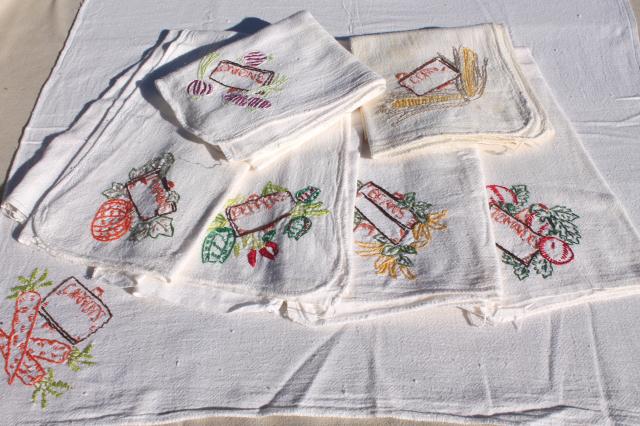 photo of vintage cotton flour sack towels w/ embroidered garden vegetables, hand stitched embroidery #3