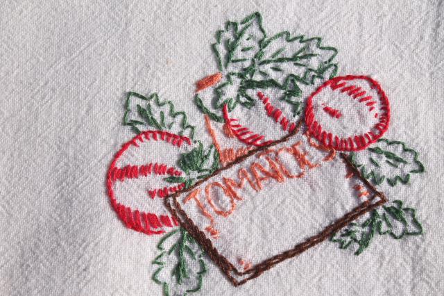 photo of vintage cotton flour sack towels w/ embroidered garden vegetables, hand stitched embroidery #6