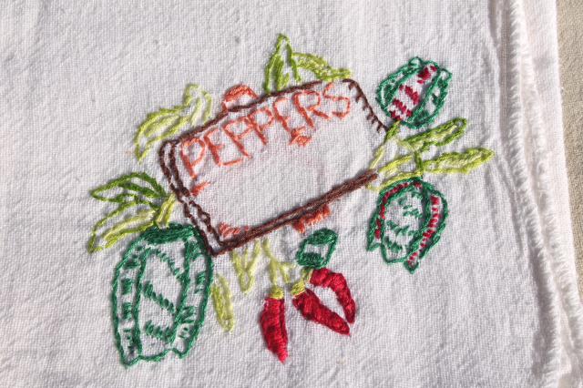 photo of vintage cotton flour sack towels w/ embroidered garden vegetables, hand stitched embroidery #8