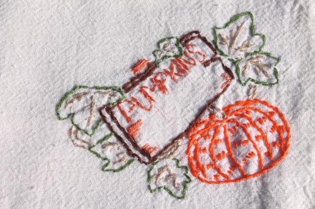 photo of vintage cotton flour sack towels w/ embroidered garden vegetables, hand stitched embroidery #9