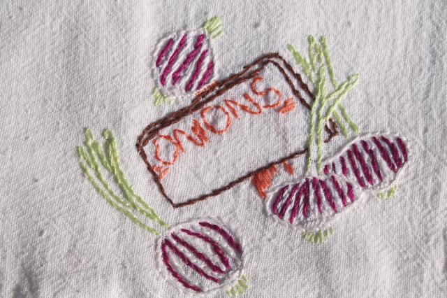 photo of vintage cotton flour sack towels w/ embroidered garden vegetables, hand stitched embroidery #10