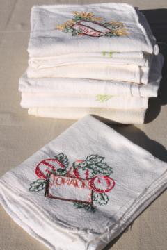 catalog photo of vintage cotton flour sack towels w/ embroidered garden vegetables, hand stitched embroidery