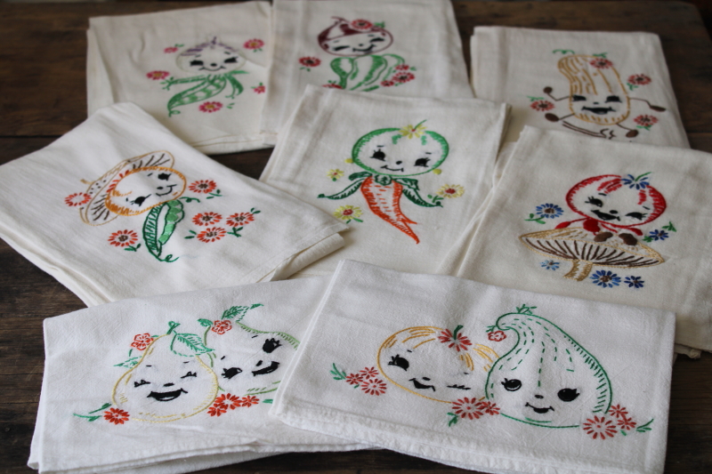 photo of vintage cotton flour sack towels, lot of 8 kitchen towels w/ anthropomorphic vegetables #1