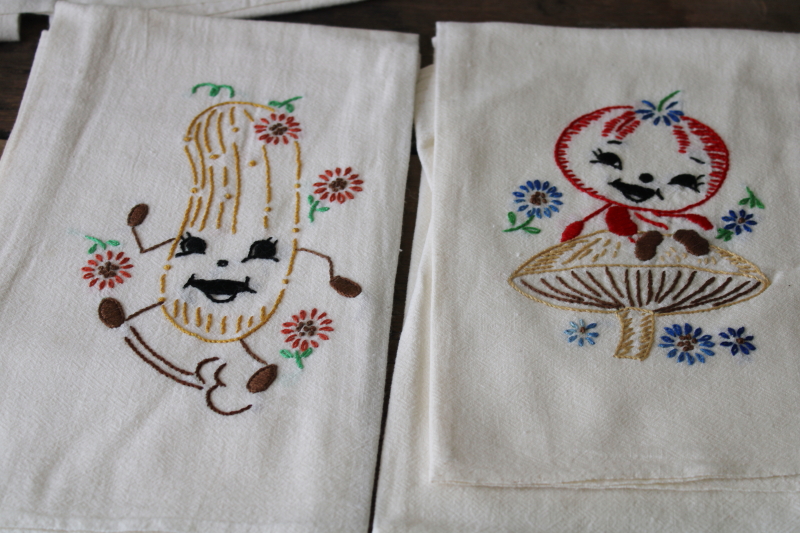 photo of vintage cotton flour sack towels, lot of 8 kitchen towels w/ anthropomorphic vegetables #5