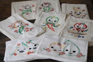 catalog photo of vintage cotton flour sack towels, lot of 8 kitchen towels w/ anthropomorphic vegetables