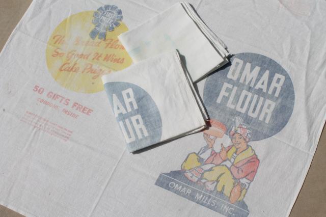 photo of vintage cotton flour sack towels made from authentic old sacks w/ print advertising graphics #1