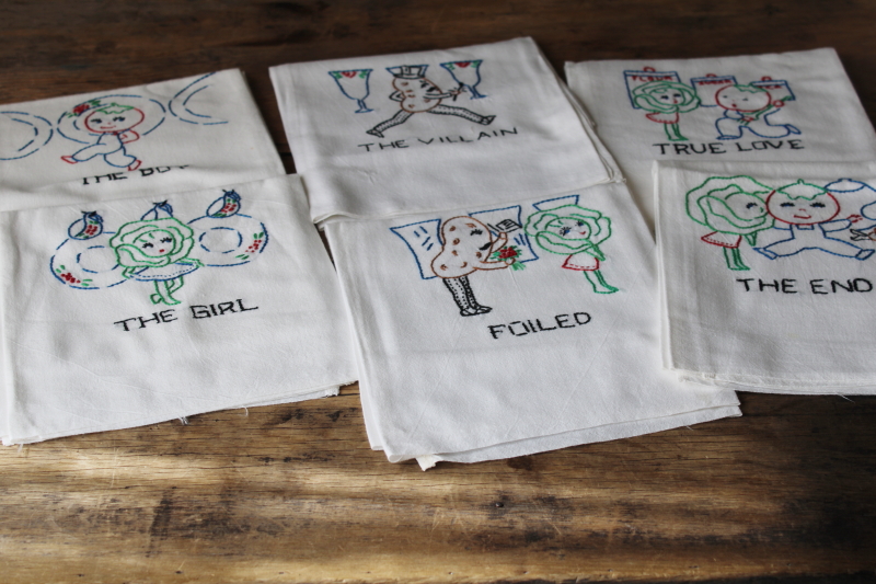 photo of vintage cotton flour sack towels, set of six kitchen towels w/ anthropomorphic vegetables #1