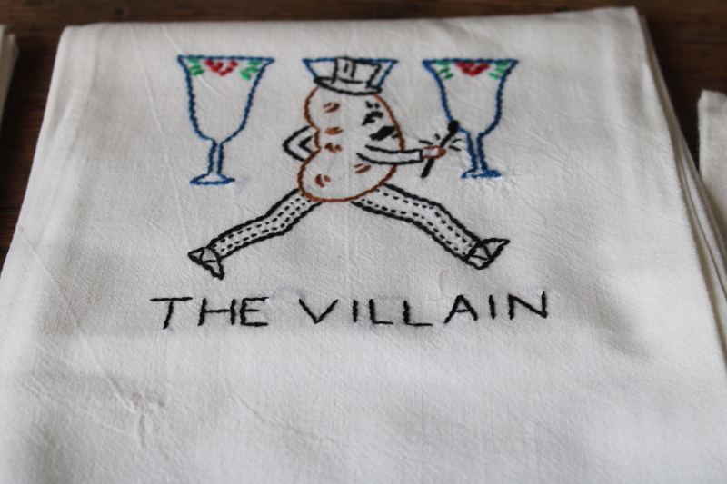 photo of vintage cotton flour sack towels, set of six kitchen towels w/ anthropomorphic vegetables #6