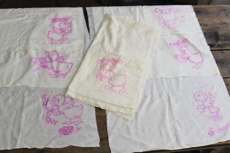 photo of vintage cotton flour sack towels to embroider, Days of the Week ducks kitchen chores #1