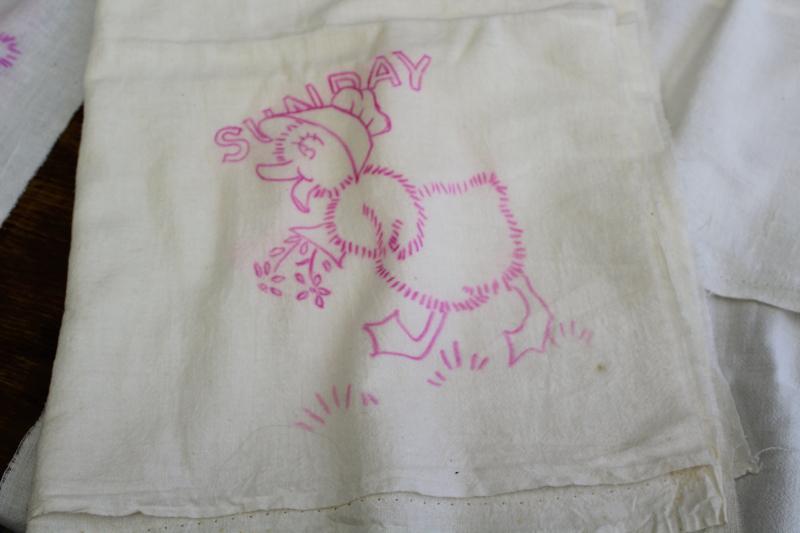 photo of vintage cotton flour sack towels to embroider, Days of the Week ducks kitchen chores #2