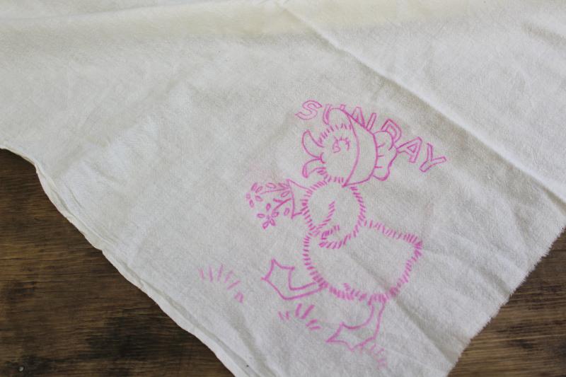 photo of vintage cotton flour sack towels to embroider, Days of the Week ducks kitchen chores #3