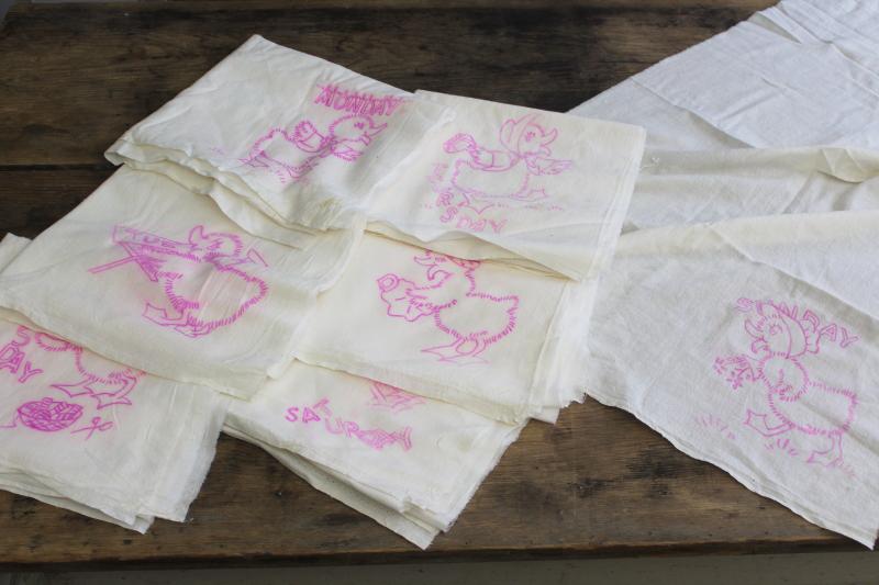 photo of vintage cotton flour sack towels to embroider, Days of the Week ducks kitchen chores #5