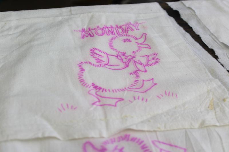 photo of vintage cotton flour sack towels to embroider, Days of the Week ducks kitchen chores #6