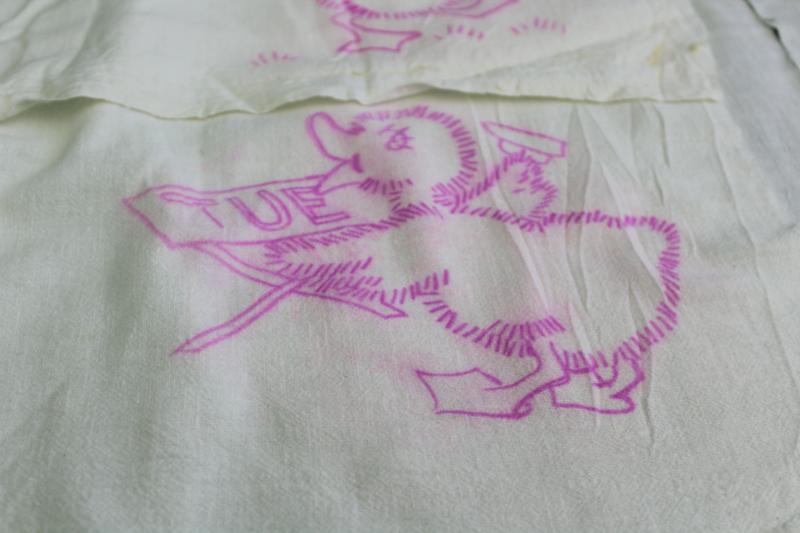 photo of vintage cotton flour sack towels to embroider, Days of the Week ducks kitchen chores #8