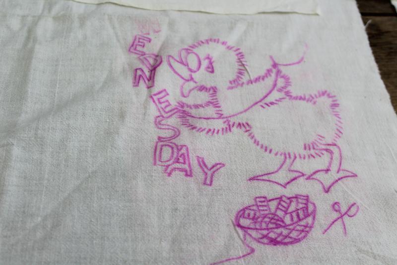 photo of vintage cotton flour sack towels to embroider, Days of the Week ducks kitchen chores #9