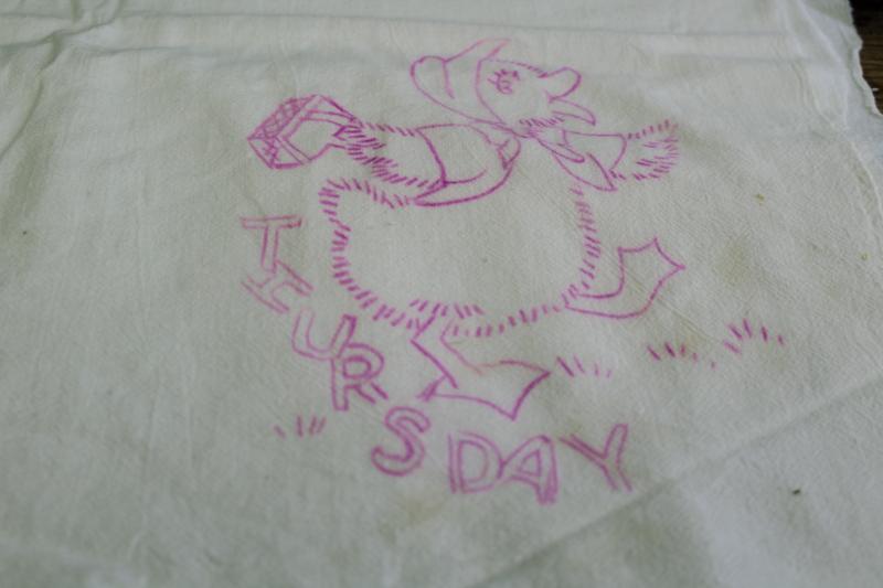 photo of vintage cotton flour sack towels to embroider, Days of the Week ducks kitchen chores #10