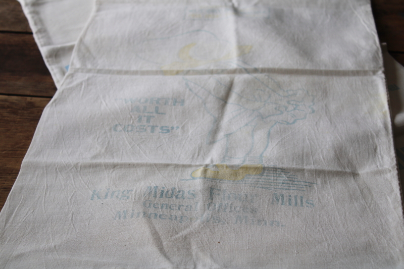 photo of vintage cotton flour sacks w/ faded advertising graphics King Midas, Golden Link, White Daisy #2