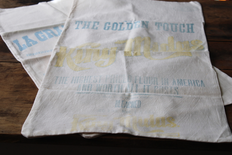 photo of vintage cotton flour sacks w/ faded advertising graphics King Midas, Golden Link, White Daisy #11