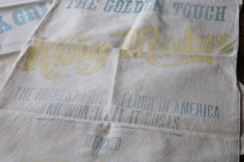 photo of vintage cotton flour sacks w/ faded advertising graphics King Midas, Golden Link, White Daisy #12