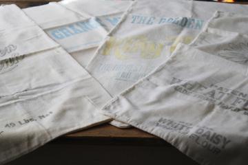 catalog photo of vintage cotton flour sacks w/ faded advertising graphics King Midas, Golden Link, White Daisy