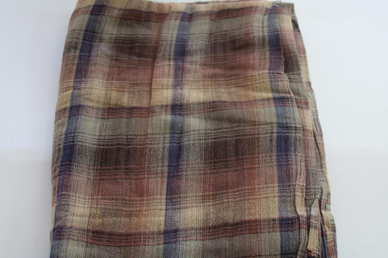 photo of vintage cotton gauze fabric, neutral tan brown ink blue plaid, gauzy crinkle texture #1