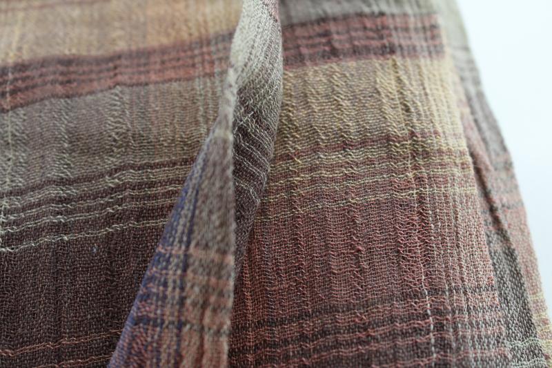 photo of vintage cotton gauze fabric, neutral tan brown ink blue plaid, gauzy crinkle texture #2