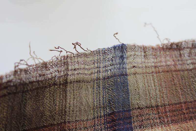 photo of vintage cotton gauze fabric, neutral tan brown ink blue plaid, gauzy crinkle texture #3