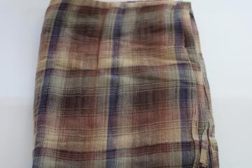 catalog photo of vintage cotton gauze fabric, neutral tan brown ink blue plaid, gauzy crinkle texture